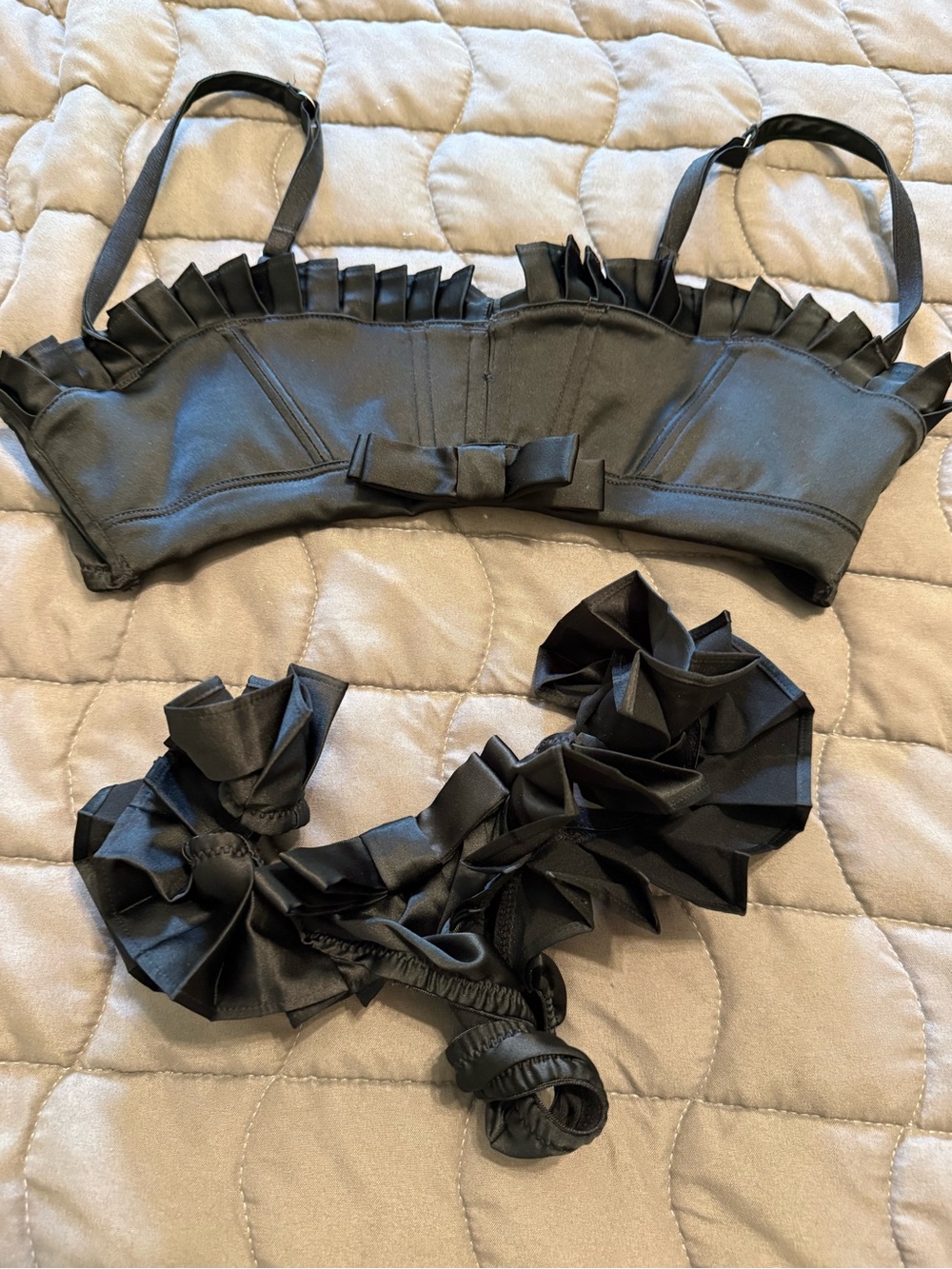 Agent Provocateur Black Ruffle Satin Bra & Thong Set - Picture 2 of 4